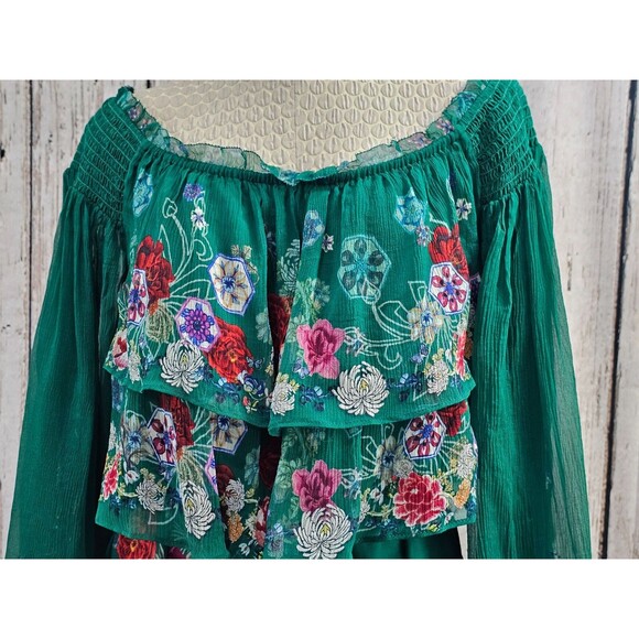 Camilla Green Off Shoulder Long Sleeve Short Dress Crystals Peasant Festival M - Picture 5 of 11